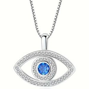 Silver and Blue “Evil Eye” Pendant Necklace with Sparkling Stones